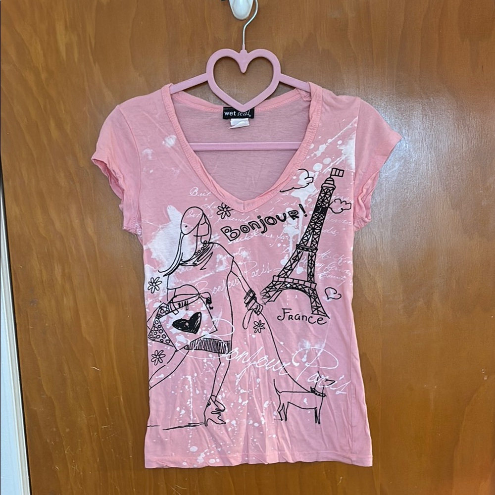 wet seal Light Pink Artsy/Distressed Paris Graphic Short Sleeve T-Shirt, Size S
